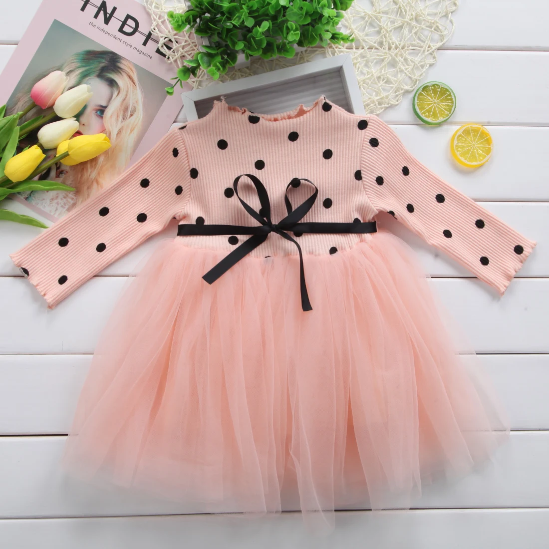 Kids Baby Girls Knitted Dresses White Black Pink Princess Long Sleeve Dot Lace Tutu Dress Ball Gown Clothes Autumn | Детская одежда и