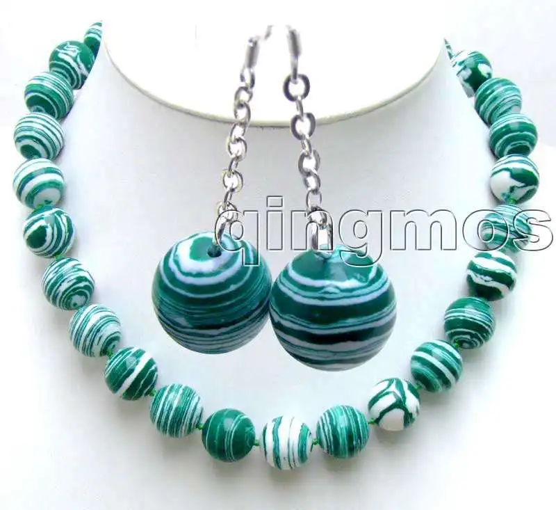 

Beautiful Big 14mm Round Green Stripe Stone 18" necklace and earring set-nec5747