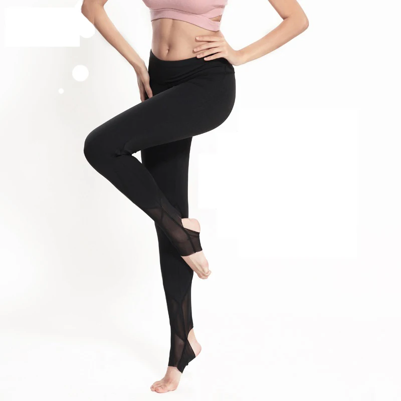 Женские леггинсы для фитнеса черные с широким поясом и сетчатыми вставками