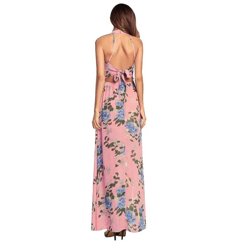 Летнее шифоновое платье с цветочным принтом сексуальное длинное открытой спиной
