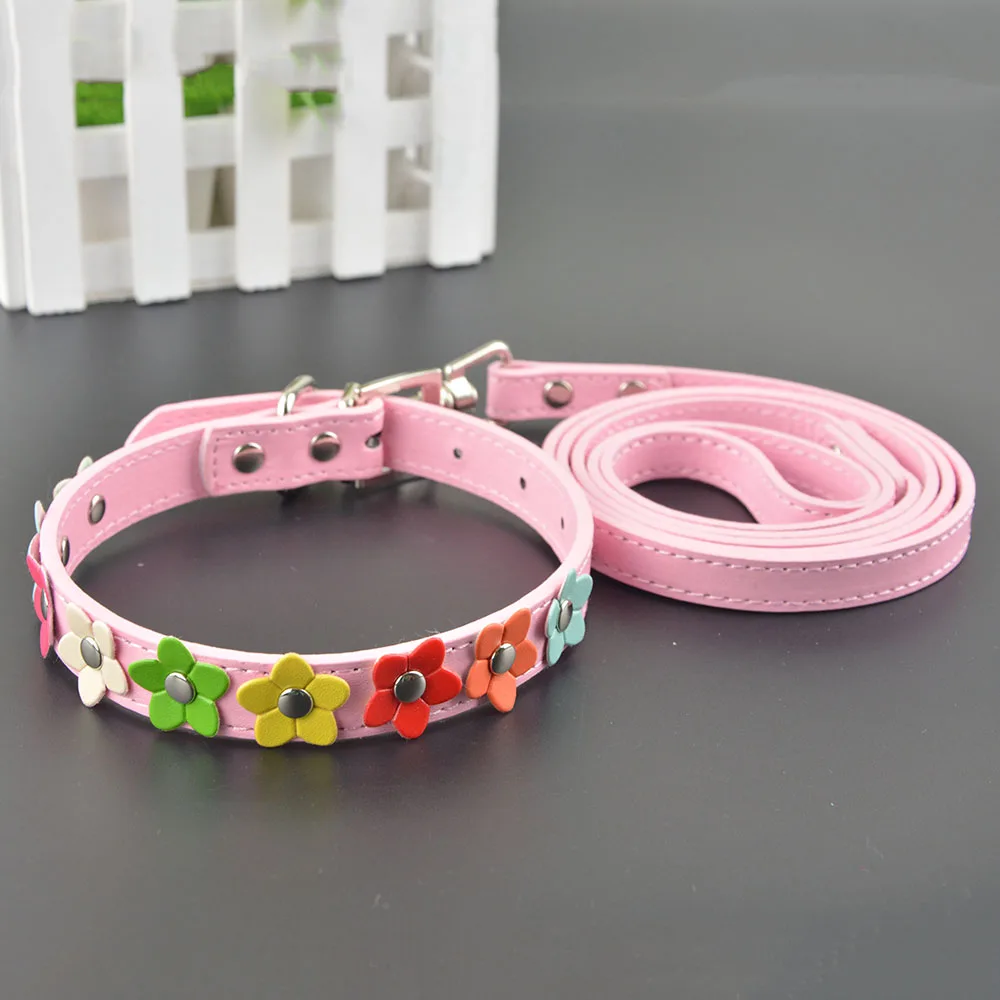 2 Sizes 6 Colors Small Dog Collar One Row Flower Studded Cat Puppy Leash Set | Дом и сад