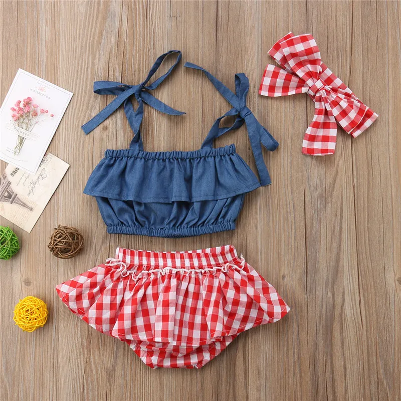 3 шт. детские джинсовые топы и шорты с повязкой на голову|Комплекты одежды| |