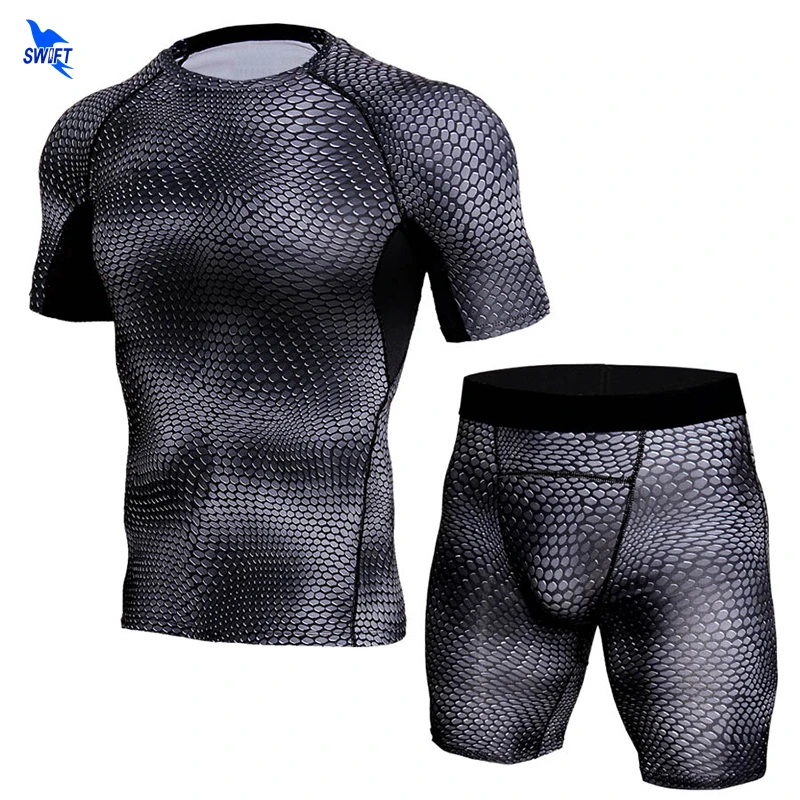 Men Compression Running Set Base Layer Short Sleeve Shirts+Leggings 2 Pcs Sport Suit 3D Printed MMA Rashguard Fitness Sportswear