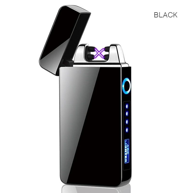 Роскошная перезаряжаемая USB Зажигалка, светодиодный дисплей, Электронная зажигалка, ветрозащитная дуговая зажигалка, зажигалки, аксессуары для курения для мужчин, подарки - Цвет: BLACK