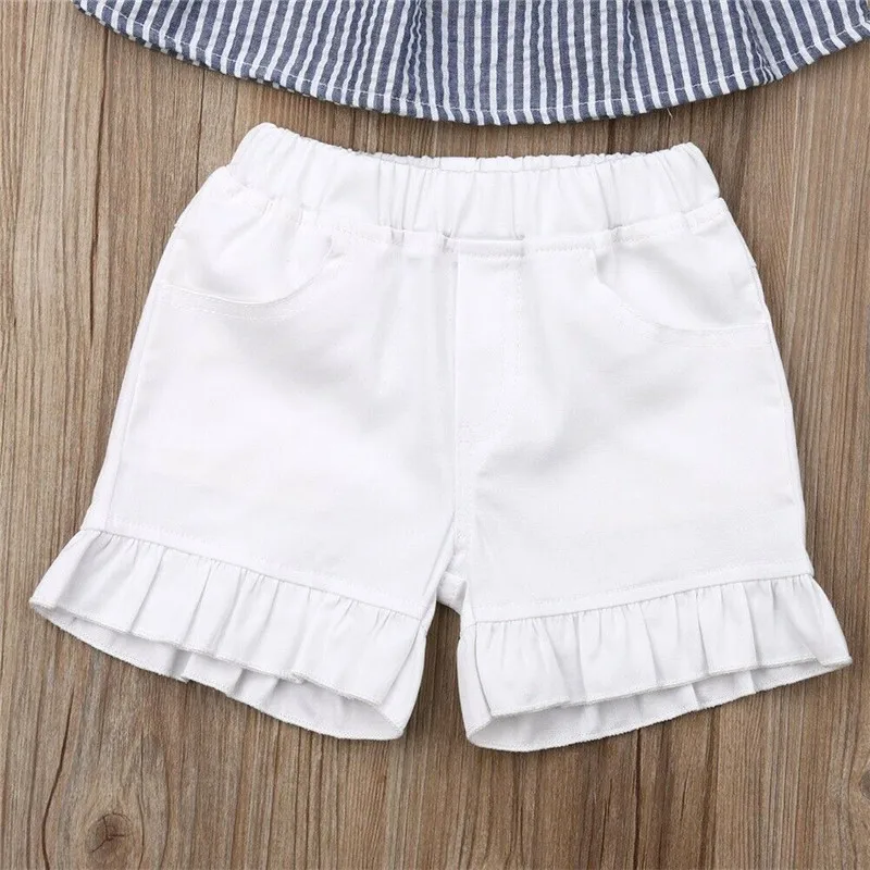 

Fashion Kids Baby Girls Summer Clothes Sets Striped Off Shoulder Strap Tops T-shirt Shorts with Pockets 2Pcs Girl Outfits 2-7Y