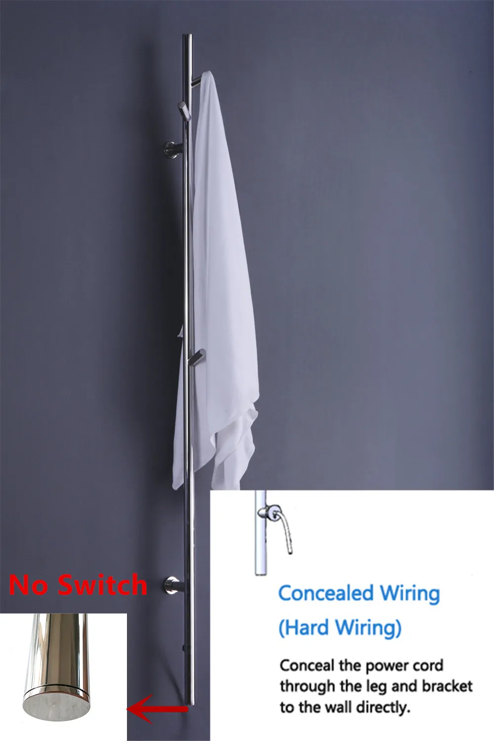 NO PLUG NO SWITCH Однобарный настенный полотенцесушитель из нержавеющей стали 304, Электрический полотенцесушитель, полотенцесушитель с фланцем HZ-935 - Цвет: NO PLUG NO SWITCH