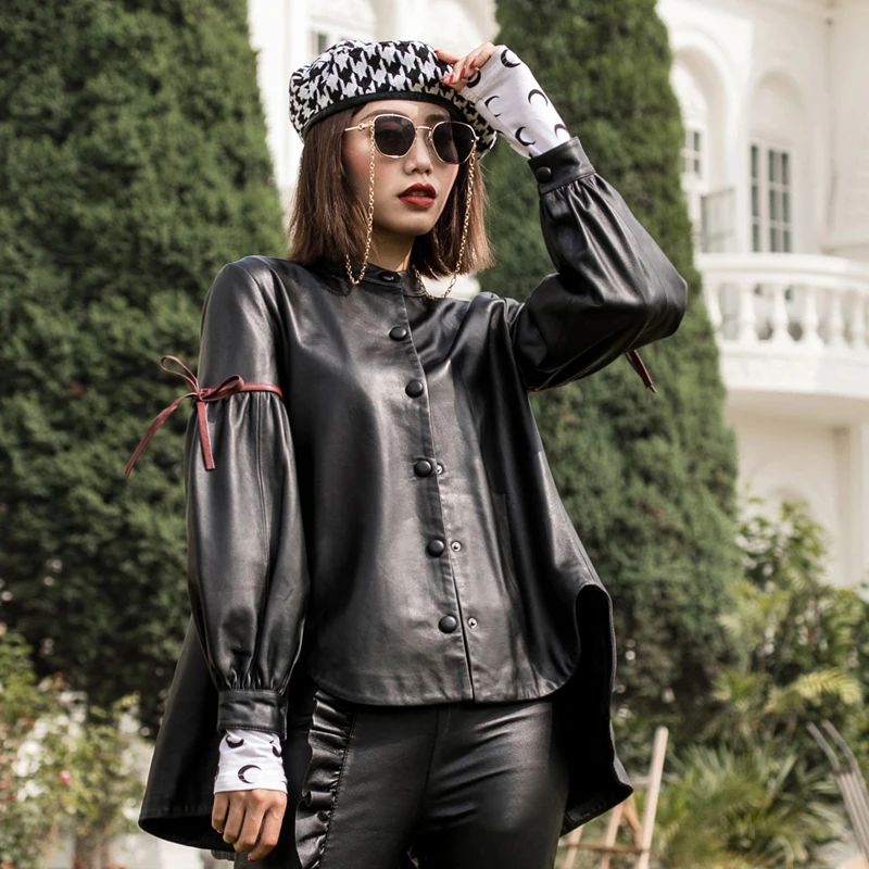 2019 Spring Korean Loose Oversize Jacket Real Sheepskin Female Genuine Leather Coat Single Breasted Bow Lantern Sleeve Overcoats