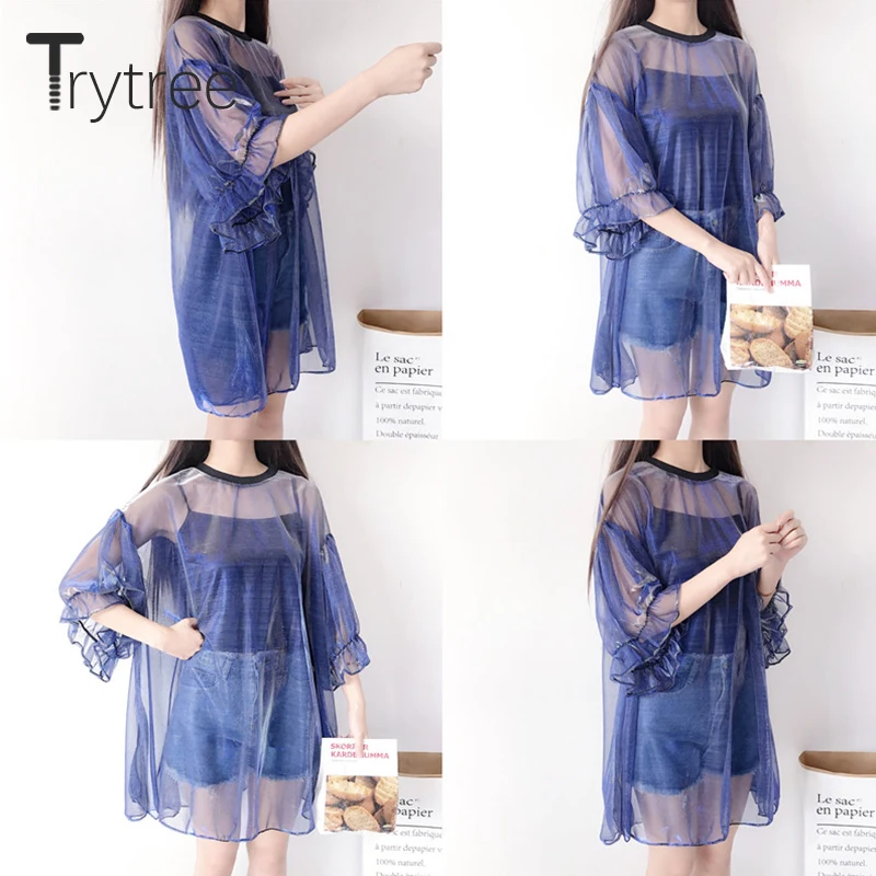 Trytree летнее платье повседневное женское с круглым вырезом и рукавом фонариком в