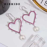 hibride new red heart shape fashion design pearl earrings for women bridal jewelry brincos dangle earring e 907