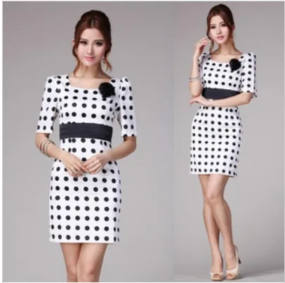 Europe Brand 2013 Career Autumn High Quality OL Style Ladies Large Dot Waistband Sleeve Slim Simple Dress Miniskirt | Женская одежда