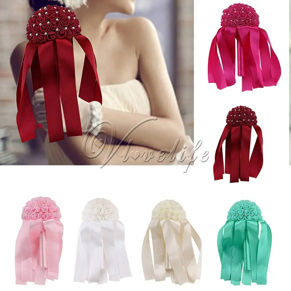 Новинка Свадебный букет невесты искусственный цветок розы лента с жемчугом