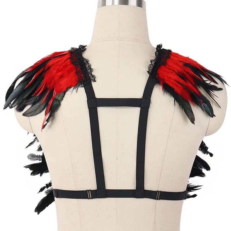 

Feather Harness Cage Bra Lingerie Cosplay Burning Blue Gothic Elastic Adjustable Shoulder Epaulettes Wings Plus Size Harness