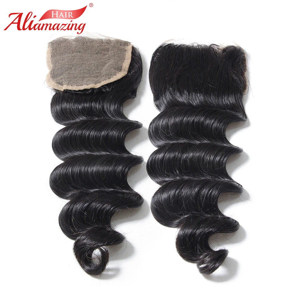 

Ali Amazing Hair 5x5 Lace Closure Loose Wave Brazilian Remy Human Hair Closure With Baby Hair Middle Free Three Part #1B Color