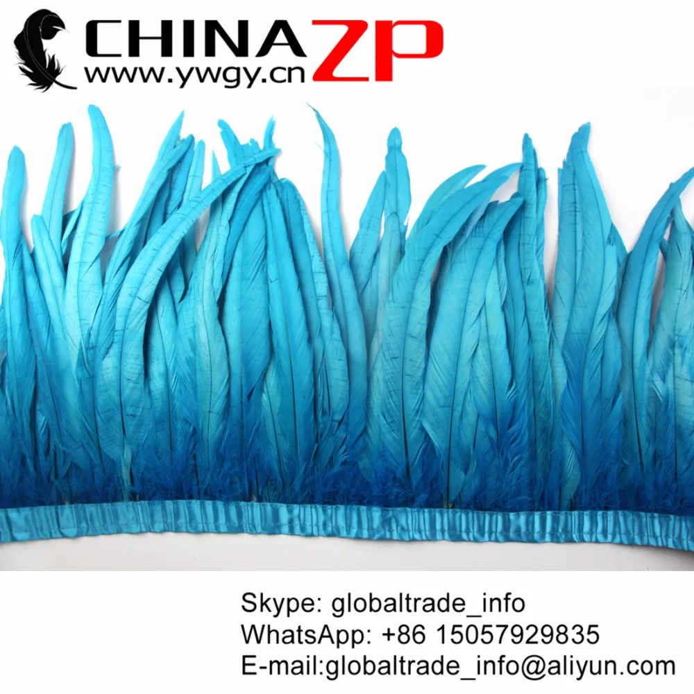 

CHINAZP Factory Wholesale Retails Sale 12-14 inch Width Turquoise Dyed Rooster Tail Feather Fringe Trim for Carnival Costume