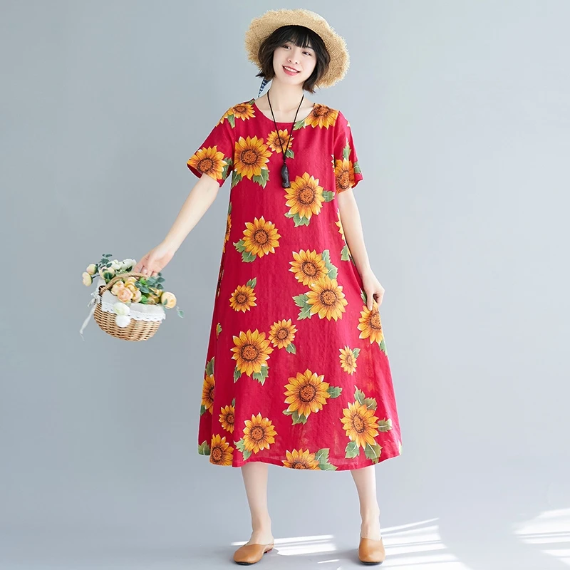 Летнее льняное хлопковое длинное платье с круглым вырезом и длинными рукавами