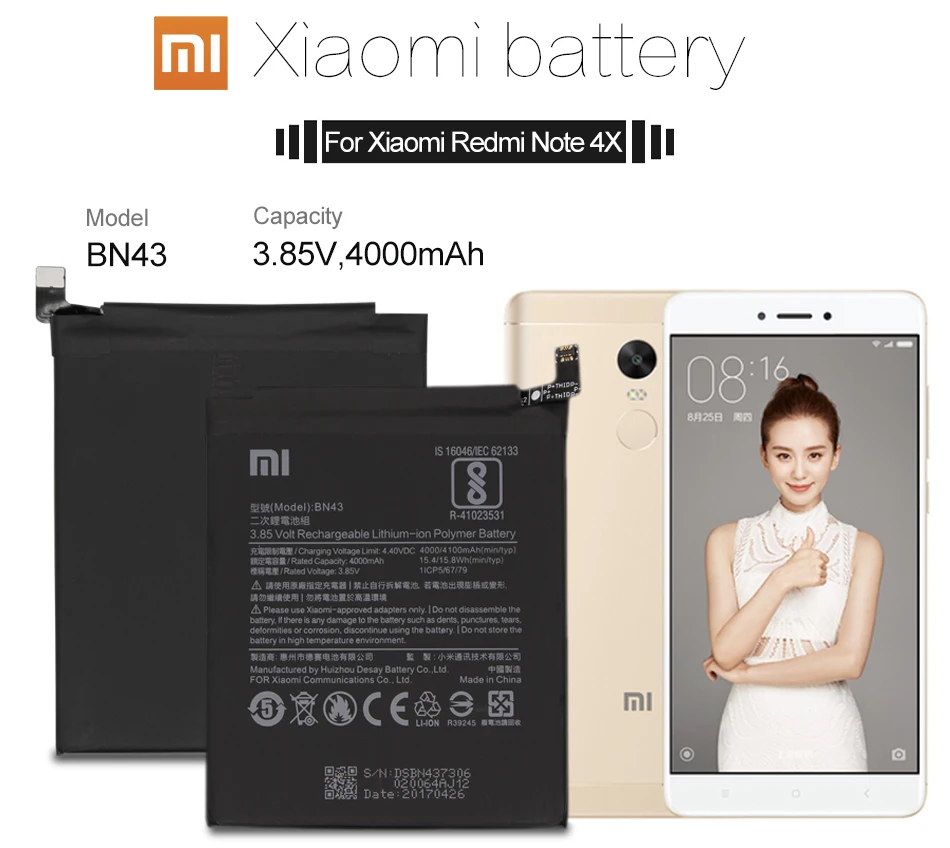 Xiao Mi сменный аккумулятор для телефона Xiaomi Redmi Note 4X/Note 4 global Snapdragon 625 4000 мАч BN43 аккумулятор для телефона