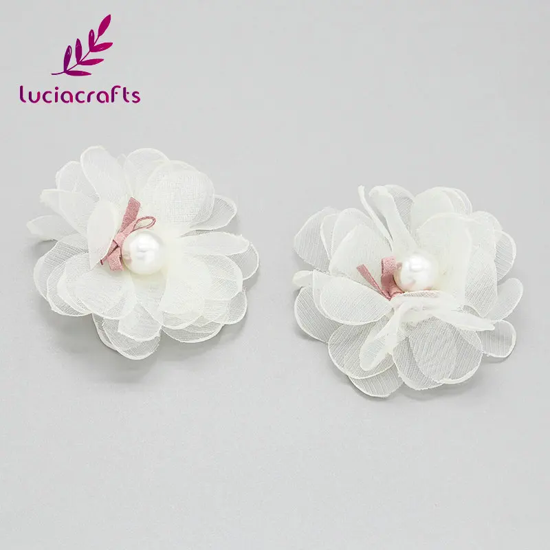 Lucia crafts, 5 шт./6 шт., 55 мм, шифон, цветы, головной убор, Детская повязка на голову, цветок, бант для волос, сделай сам, Аппликации, материалы для рукоделия, B0912 - Цвет: C1 White  5pcs