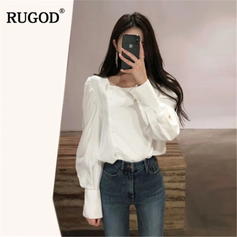 RUGOD 2019 Весна белый фонарь рукав блузка Женская Офисная квадратная воротник