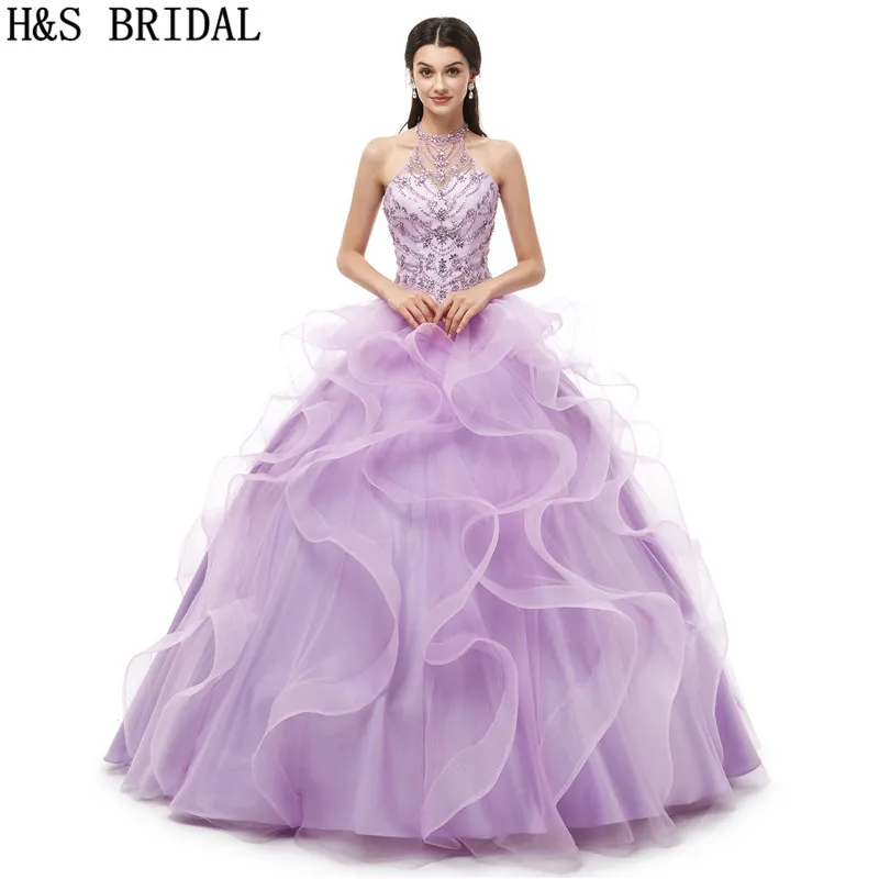 H & S/свадебное платье с лямкой на шее Сиреневое бисером бальное vestidos de 15 anos quinceanera