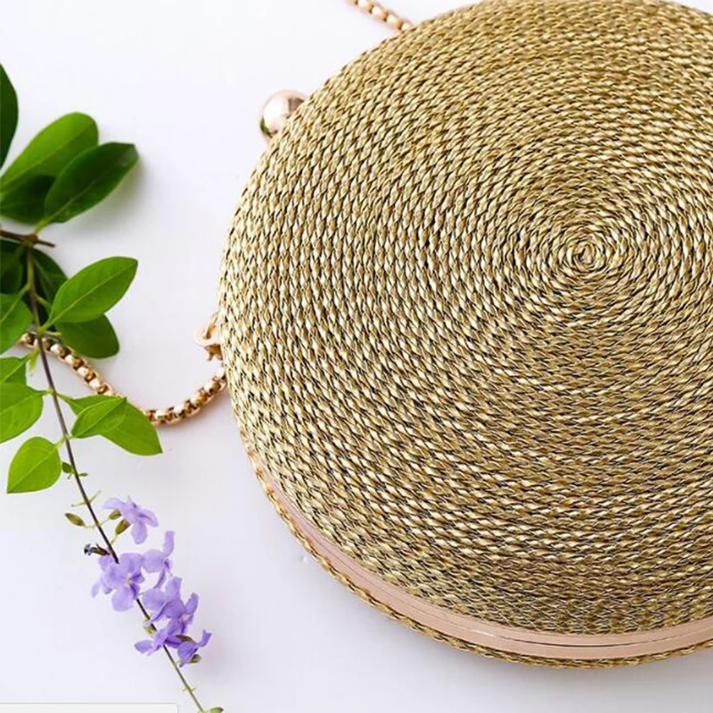 

Clutch Bags For Women 2019 Rattan Bag Circular Shape Gold Color Beach Bags Women Summer Small Purse For Wedding Party ZD1127