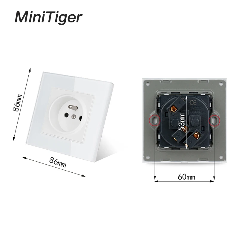 Minitiger стеклянная панель настенная розетка заземленная 16А французский стандарт