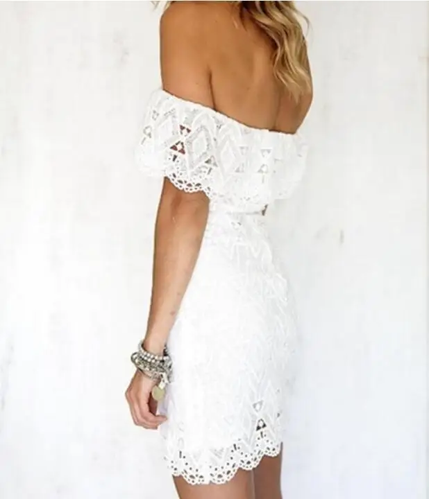 Модное сексуальное белое кружевное платье с открытыми плечами летнее облегающее