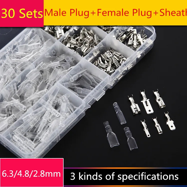 

30Sets YT1796 Cold Pressed Terminals Male/Female Connector+Sheath 6.3/4.8/2.8 mm Insert Spring Male Tab Nickel-Clad Copper