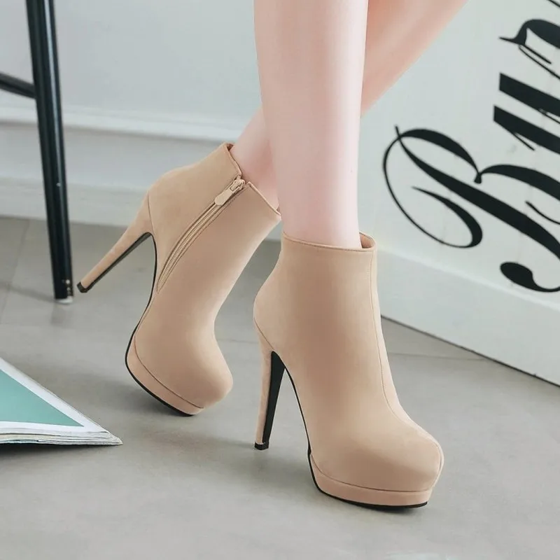 Женские ботинки Осень зима супер высокий каблук теплые круглый носок на молнии