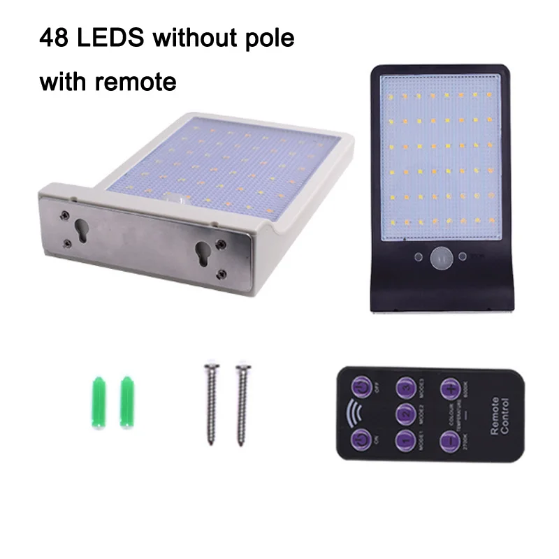 48 LEDS Without Pole 48 светодиодный уличный светильник на солнечной батарее с датчиком движения, лампы для садовой безопасности, уличный водонепроницаемый настенный светильник с пультом дистанционного управления - Испускаемый цвет: 48 LEDS Without Pole