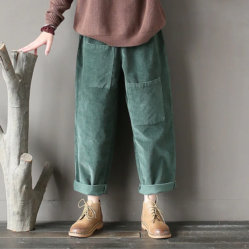 Green SCUWLINEN женские шаровары винтажные вельветовые свободные длинные штаны с карманами повседневные однотонные брюки для женщин X0755 - Цвет: Green