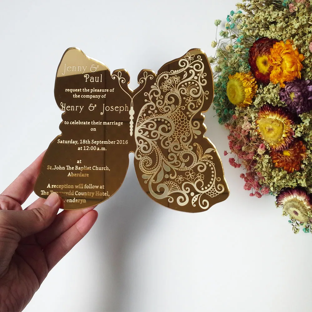 Customized sample for golden mirror acrylic wedding invitation card