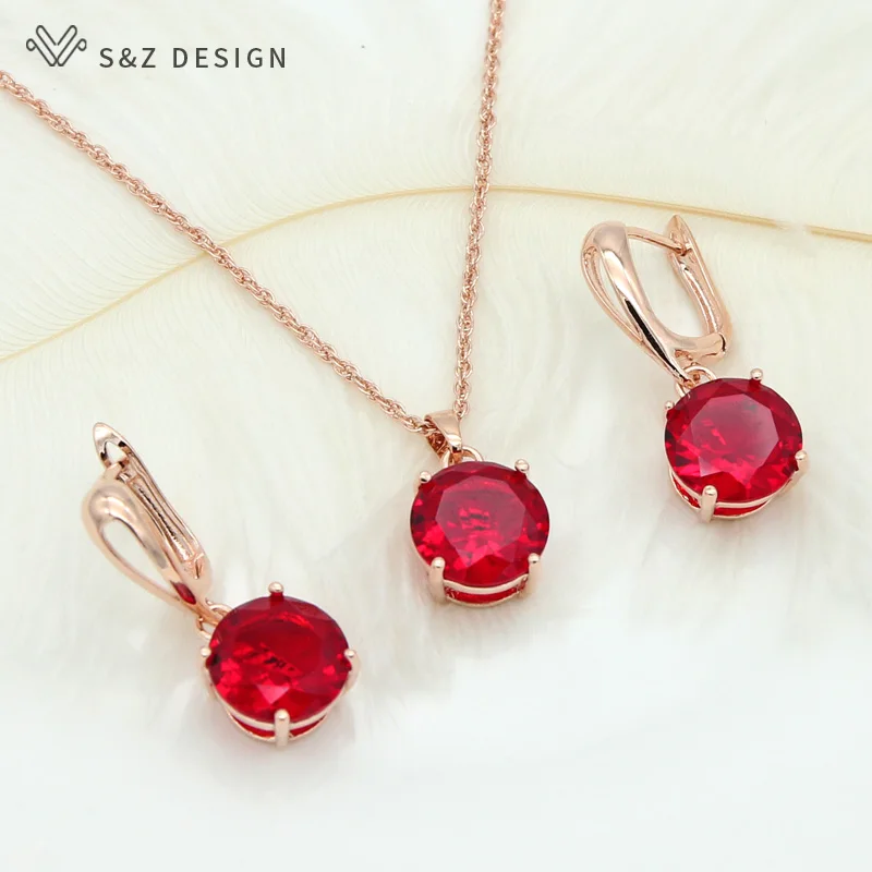 Bright red S& Z классический большой круглый кубический цирконий Висячие серьги ювелирный набор 585 розовое золото для женщин девушек свадебный подарок - Окраска металла: Bright red