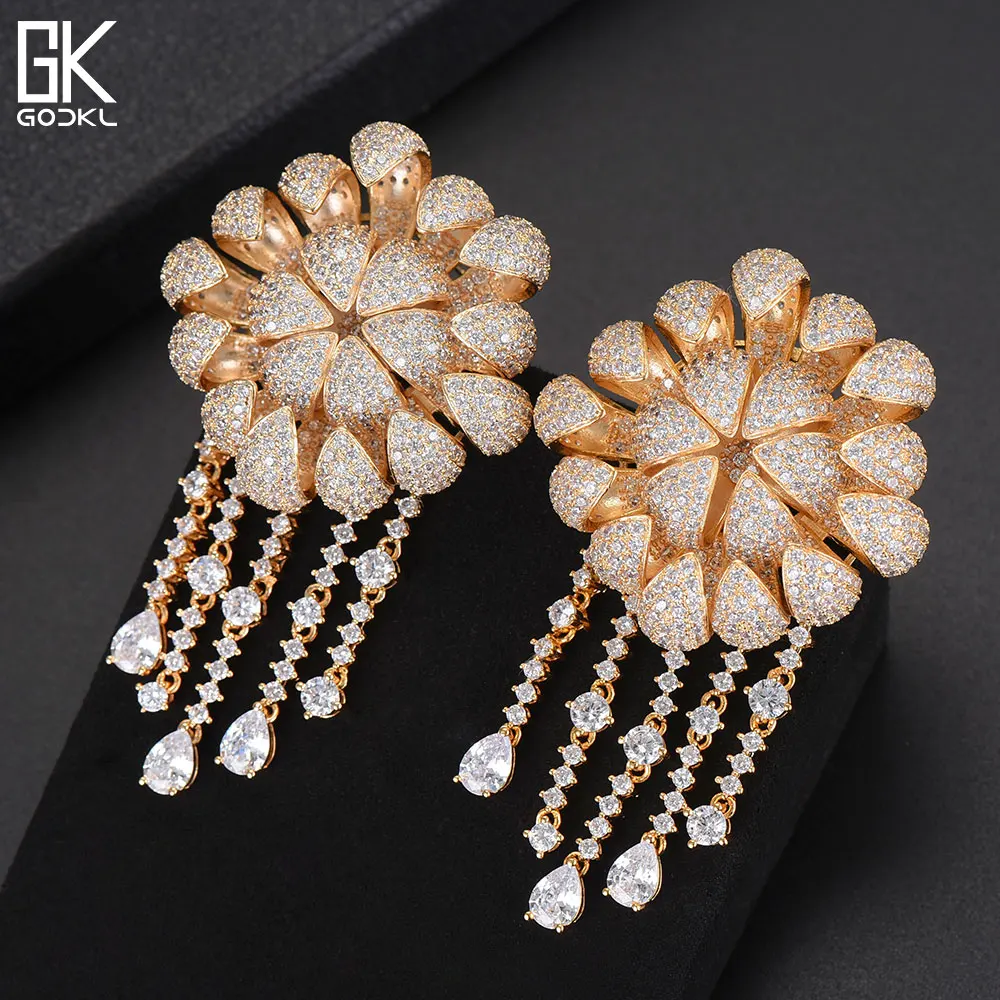 GODKI Luxury Daisy Flower Nigerian Tassels Long Dangle Earrings For Women Zircon Crystal African Indian Dubai Bridal Earring | Украшения и