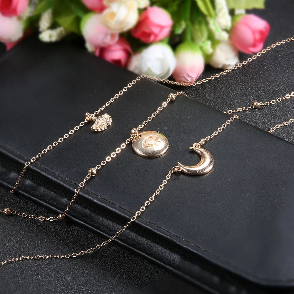 3 Pcs/Set Bohemian Retro Moon Disc Leaves Eyes Beaded Gold Multi-layer Necklace Set Party Wedding Jewelry Valentine Gift | Украшения и