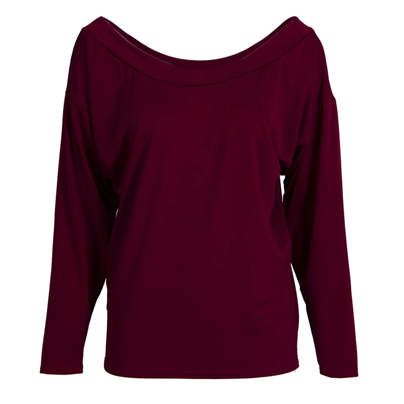 Женская футболка с длинным рукавом открытыми плечами и косым воротником| |