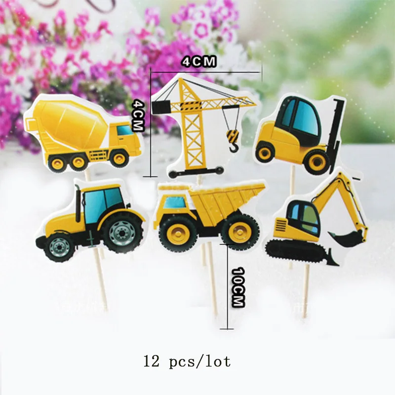 cake flag 12pcs Мультфильм автомобиль вечерние одноразовая посуда тарелка Салфетка скатерть чашки строительная техника ко дню рождения украшения, товары для вечеринки - Цвет: cake flag 12pcs