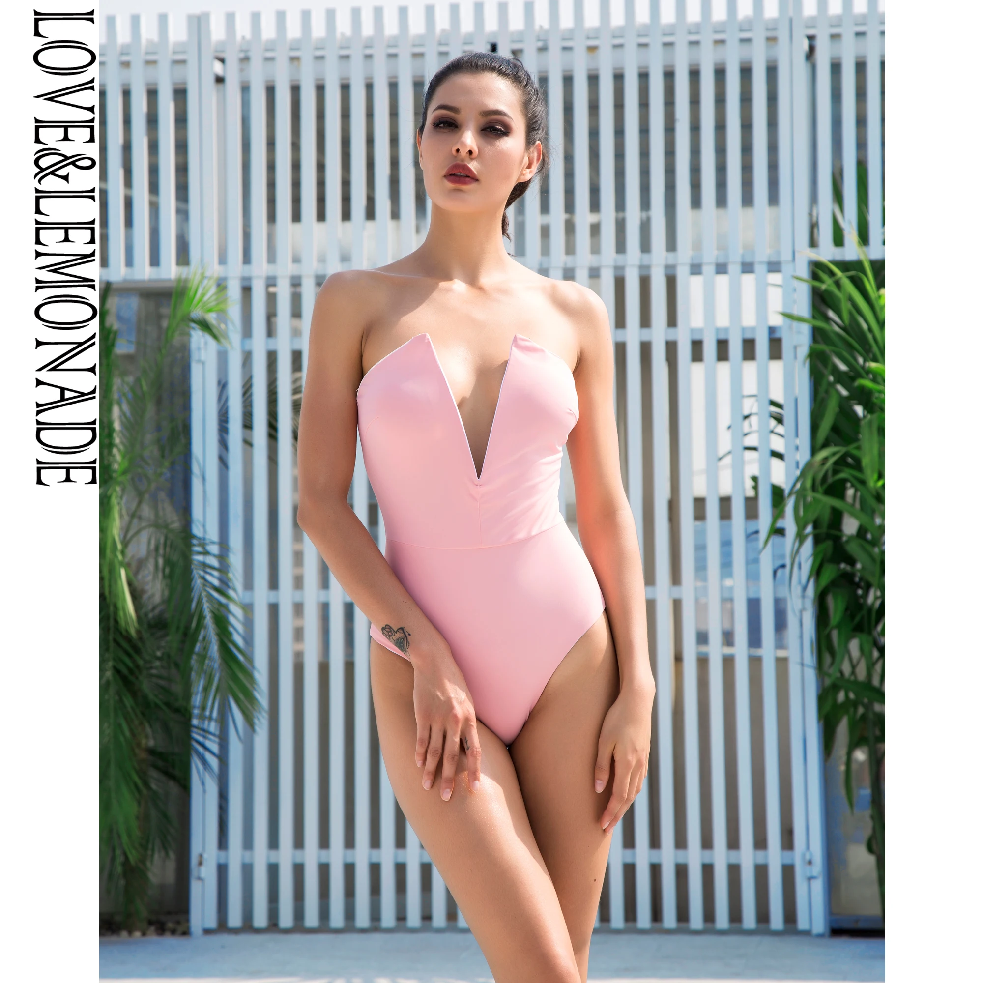 Love& Lemonade розовый глубокий v-образный вырез тонкий боди пляжный SWINSUIT LM1170