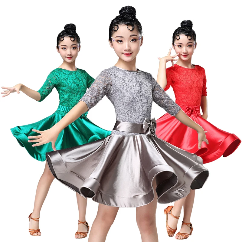 

2018 New Girls Lace Ballroom And Latin Dance Dresses For Sale Cha Cha Rumba Samba Jive Long Sleeves Children Teen Latino Dress