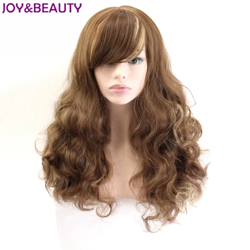 JOY& BEAUTY Наклонный взрыва длинные волнистые парик высокая температура волокно Коричневый Золотой смешанный цвет Синтетический Hiar 24 дюймов для женщин парики
