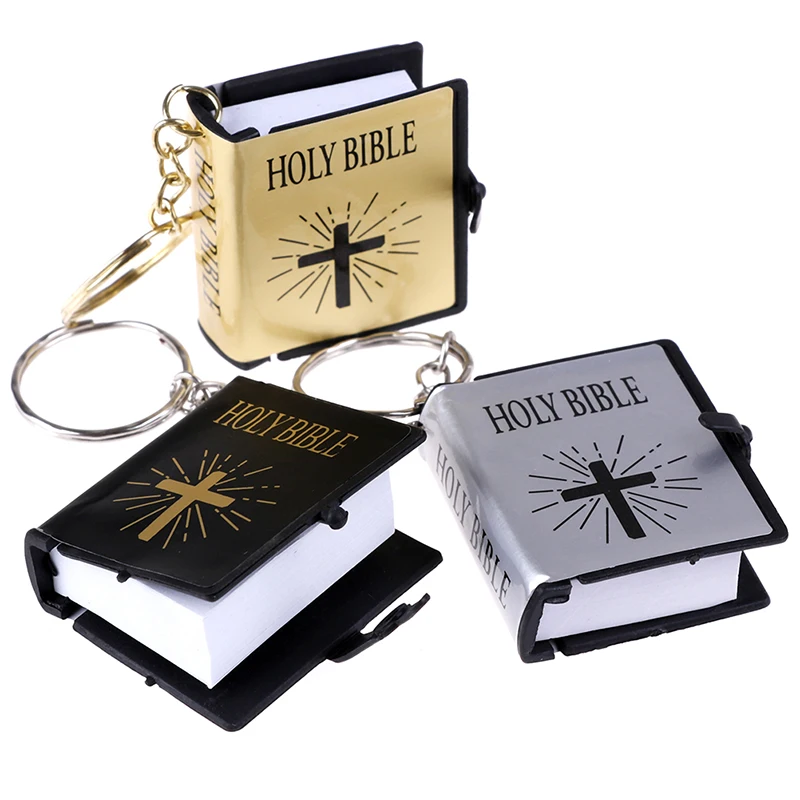 

1Pc Mini English Holy Bible Keychain Religious Christian Jesus Cross Key Ring 4*3.4*1.1cm