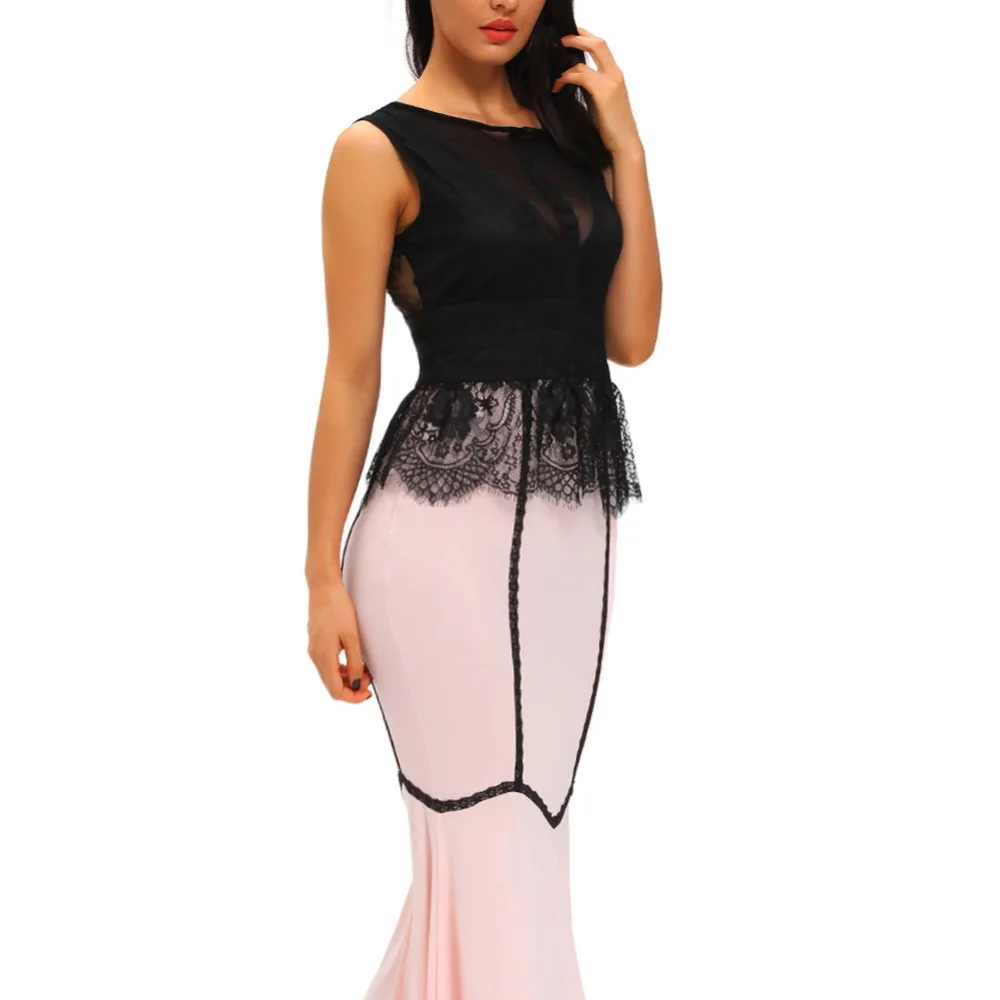 Сексуальная Вечерние платья контрастный топ с баской и кружевом облегающее