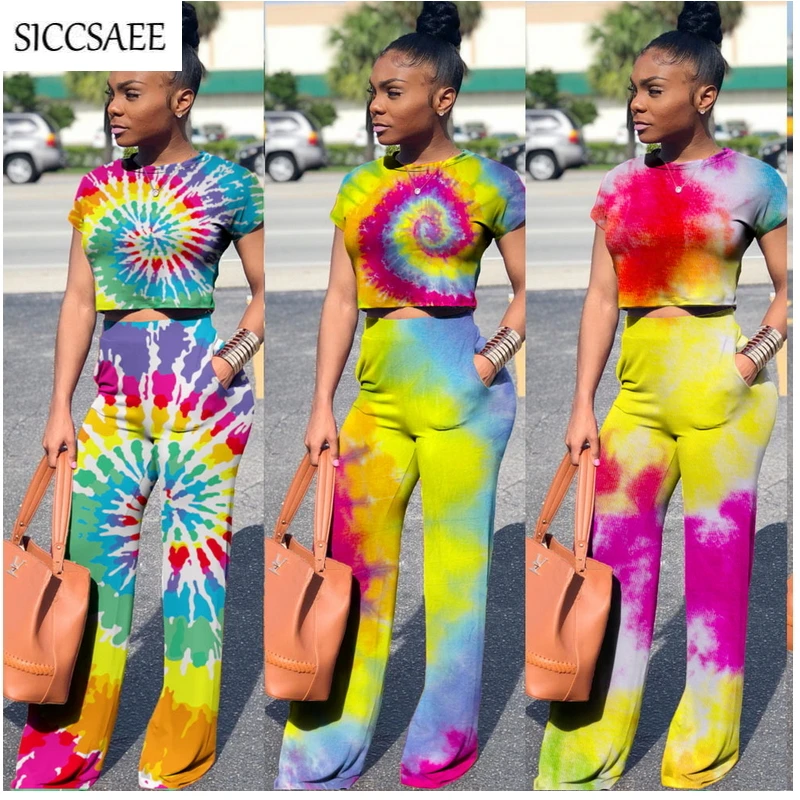 Pattern Painting Two Piece Set Vintage Palazzo Pants Suits Colorful Matching Sets Casual Crop Top Rainbow Retro Tie Dye Summer Женская
