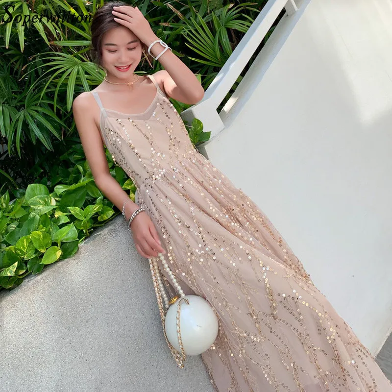 Новое летнее платье женские вечерние платья с блестками сетчатые длинные