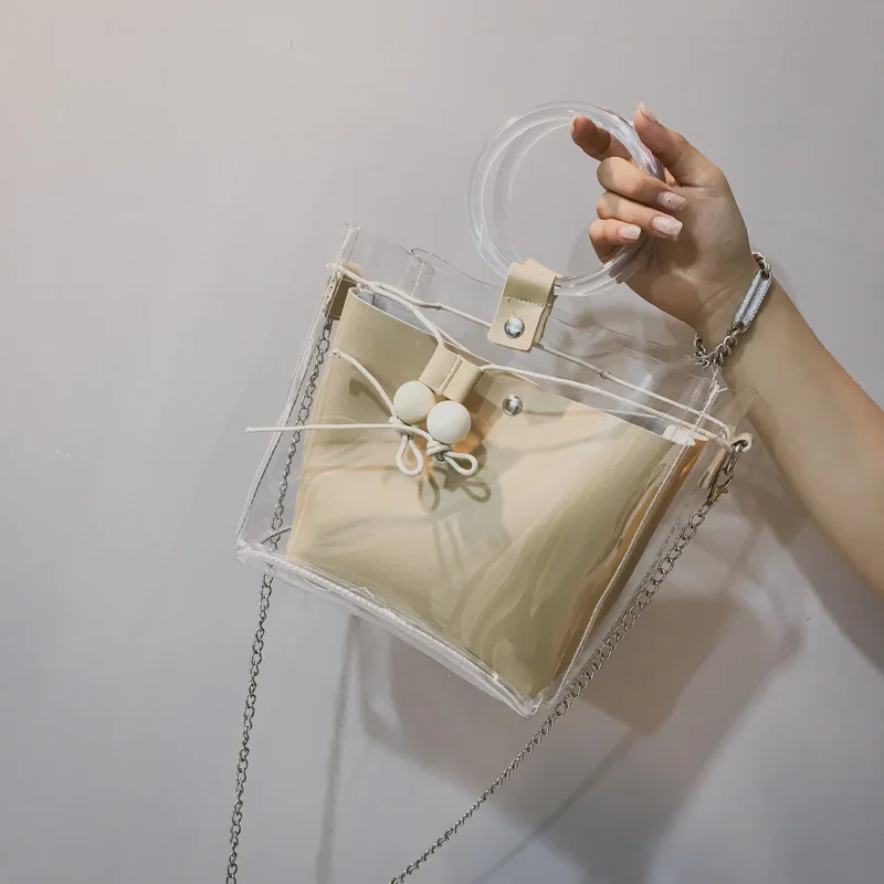 Прозрачный Drawstring девушки милые композитный мешок модные женские туфли Брендовые