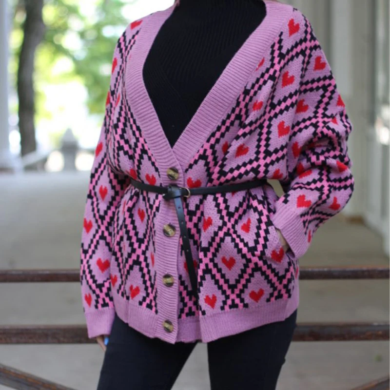 Harajuku Heart Plaid Knitted Cardigans Women 2019 Autumn Winter Solid Loose Jumper Knitwear Fashion Cozy Warm Streetwear Femme |