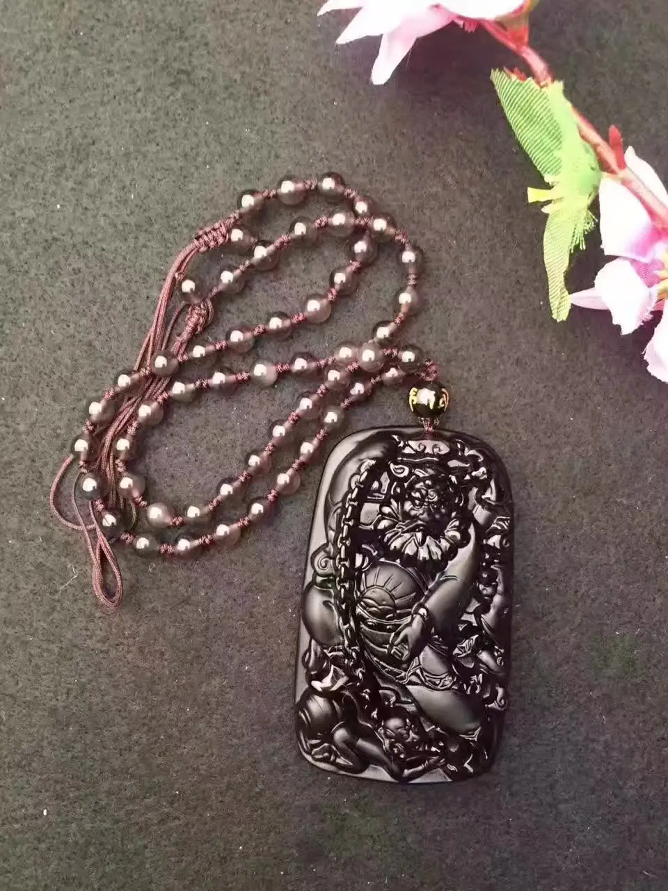 Black Ice Obsidian Carving Catch Ghost of God Buddha Lucky Amulet Pendant Healing Reiki Women Men Bead Chain Necklace Crystal | Украшения и