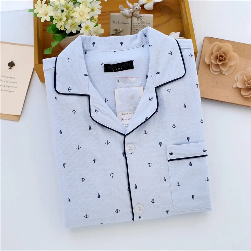 cotton double gauze summer pajamas sets men short sleeve home clothing spring sleepwear long pants breathable absorbent | Мужская одежда