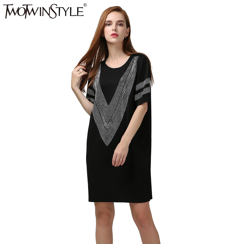 Twotwinstyle Лето 2017 г. Для женщин бриллиантами длинная футболка Мини-платья рукав