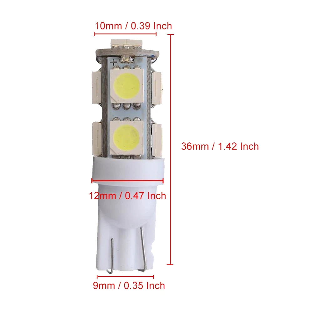 10 светодиодных ламп T10 W5W 9 SMD LED White 5050 194 168 Сверхъяркие лампочки с клиновидным