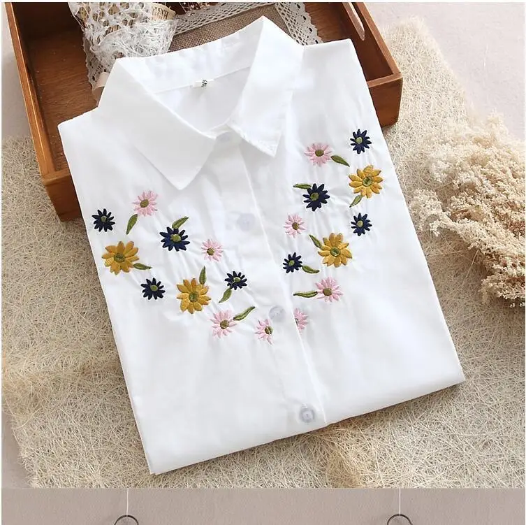 Белая хлопковая рубашка с цветочной вышивкой осенняя Новая модная женская